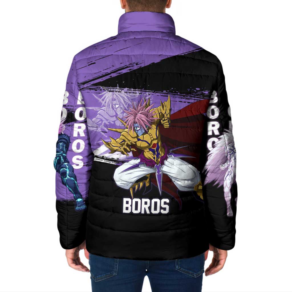 Boros One Punch Man Anime Purple and Black Theme Padded Jacket with Galactic Overlord Design and Intense Battle Stance - The Mazicc