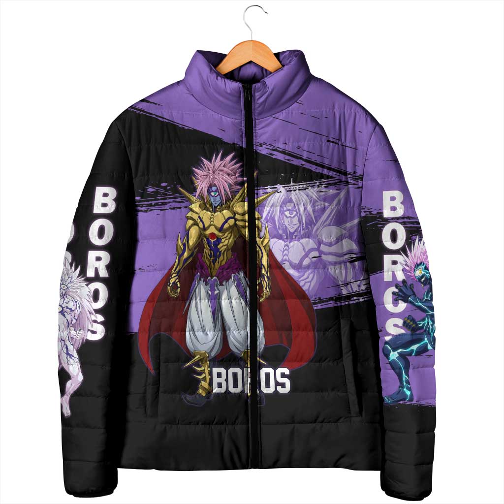 Boros One Punch Man Anime Purple and Black Theme Padded Jacket with Galactic Overlord Design and Intense Battle Stance - The Mazicc