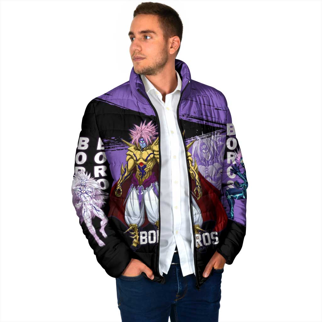 Boros One Punch Man Anime Purple and Black Theme Padded Jacket with Galactic Overlord Design and Intense Battle Stance - The Mazicc