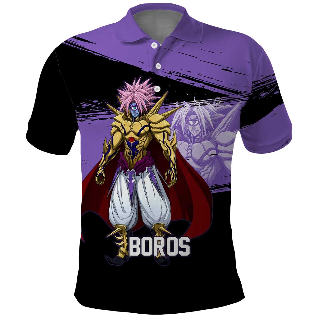 Boros One Punch Man Anime Purple and Black Theme Polo Shirt with Galactic Overlord Design and Intense Battle Stance - The Mazicc