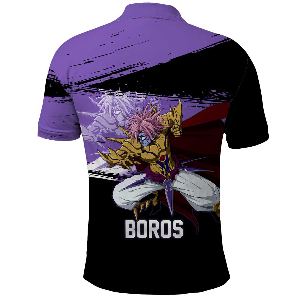 Boros One Punch Man Anime Purple and Black Theme Polo Shirt with Galactic Overlord Design and Intense Battle Stance - The Mazicc
