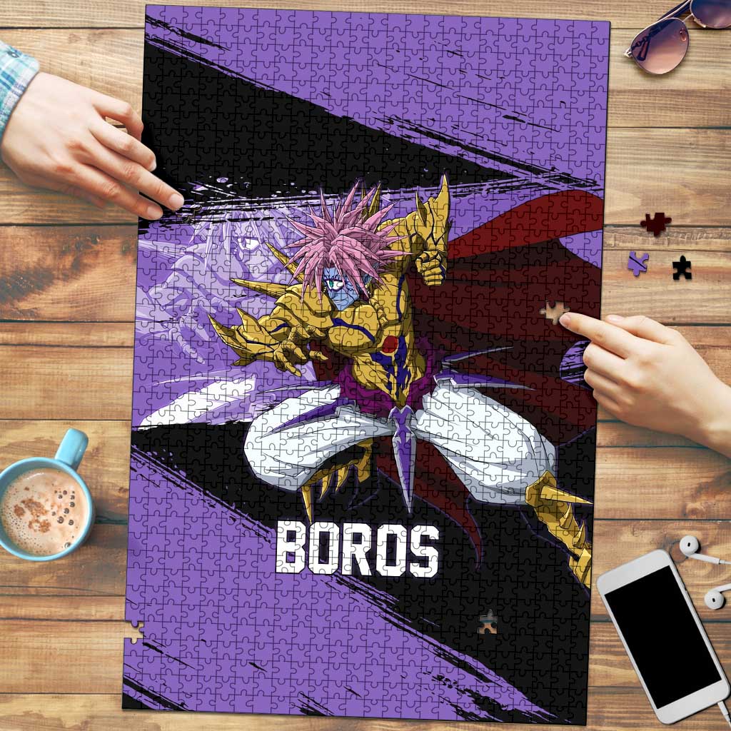 Boros One Punch Man Anime Purple and Black Theme Puzzle with Galactic Overlord Design and Intense Battle Stance - The Mazicc