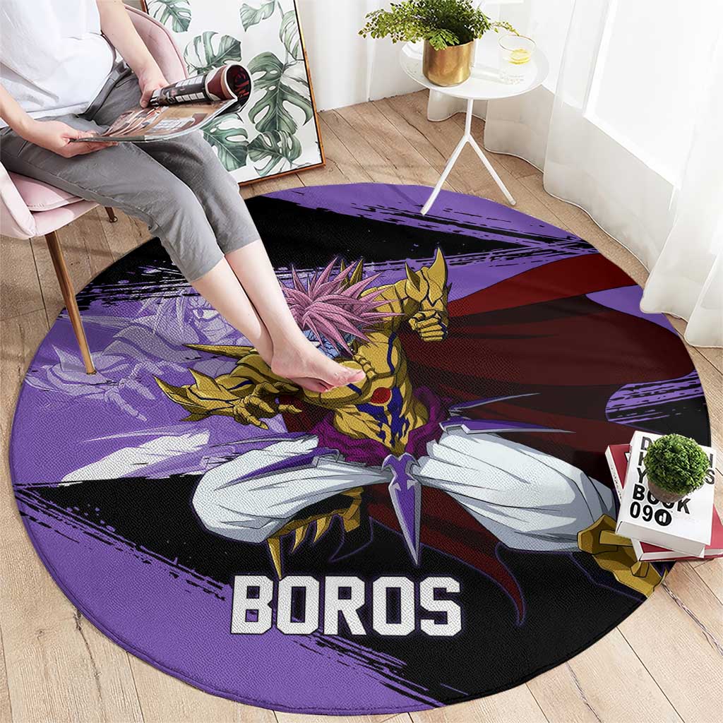 Boros One Punch Man Anime Purple and Black Theme Round Carpet with Galactic Overlord Design and Intense Battle Stance - The Mazicc