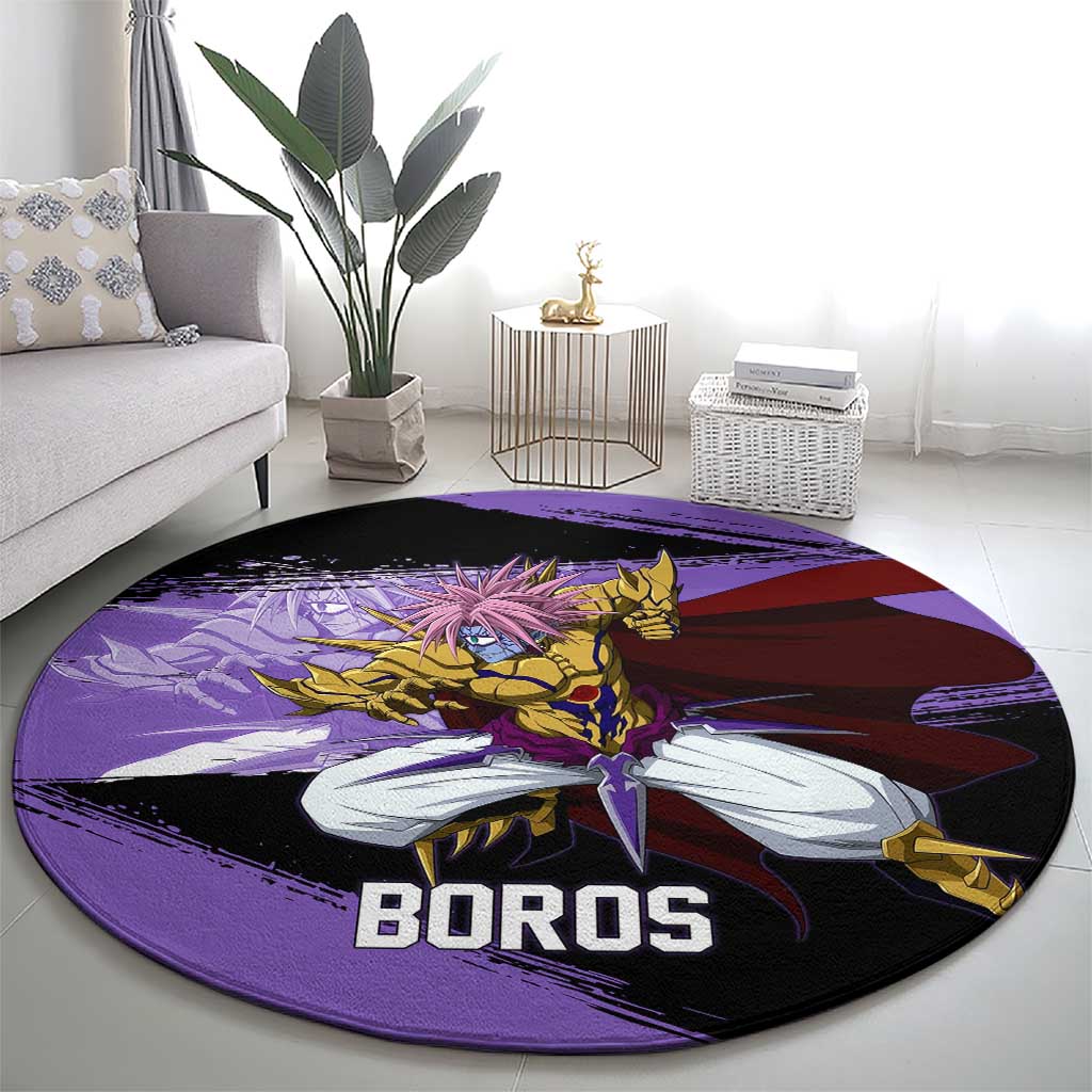 Boros One Punch Man Anime Purple and Black Theme Round Carpet with Galactic Overlord Design and Intense Battle Stance - The Mazicc