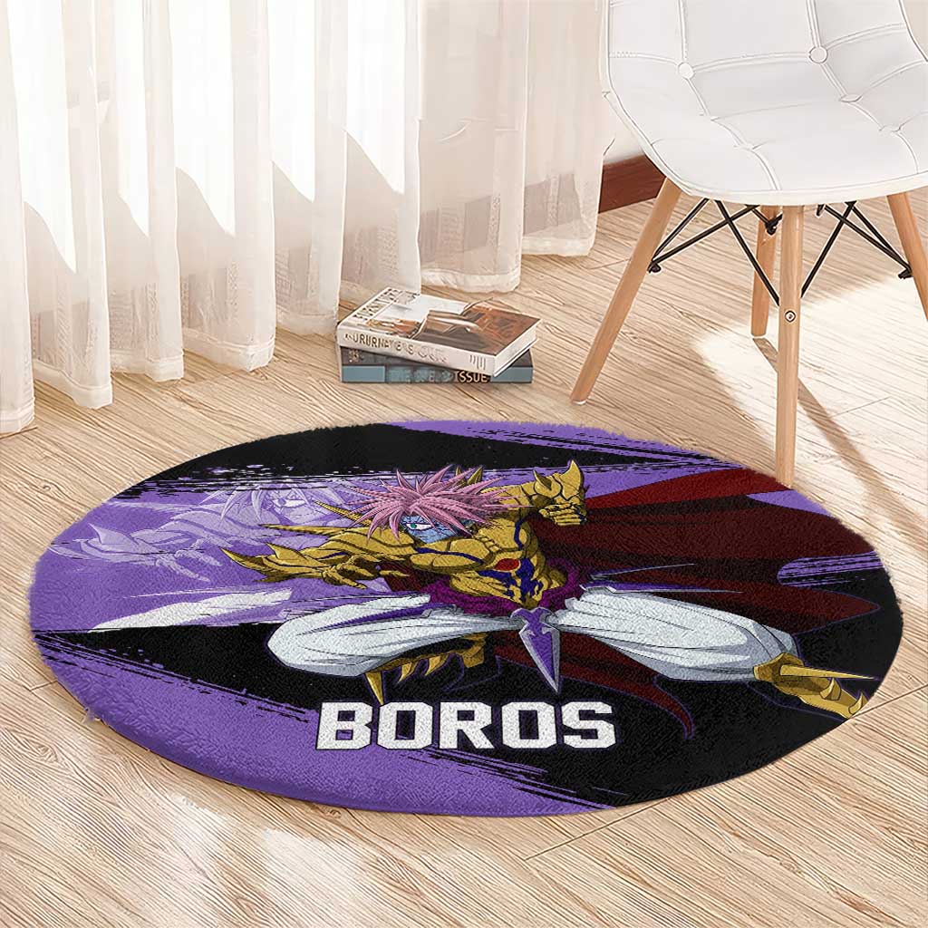 Boros One Punch Man Anime Purple and Black Theme Round Carpet with Galactic Overlord Design and Intense Battle Stance - The Mazicc