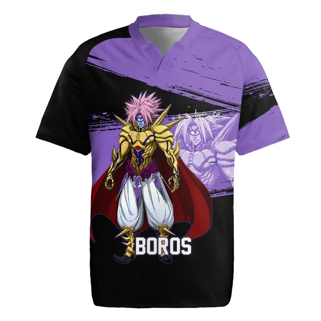 Boros One Punch Man Anime Purple and Black Theme Rugby Jersey with Galactic Overlord Design and Intense Battle Stance - The Mazicc