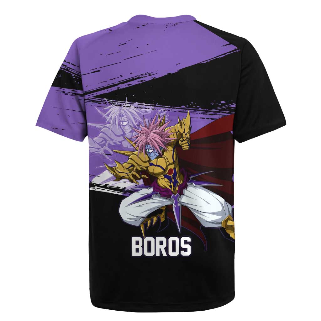 Boros One Punch Man Anime Purple and Black Theme Rugby Jersey with Galactic Overlord Design and Intense Battle Stance - The Mazicc