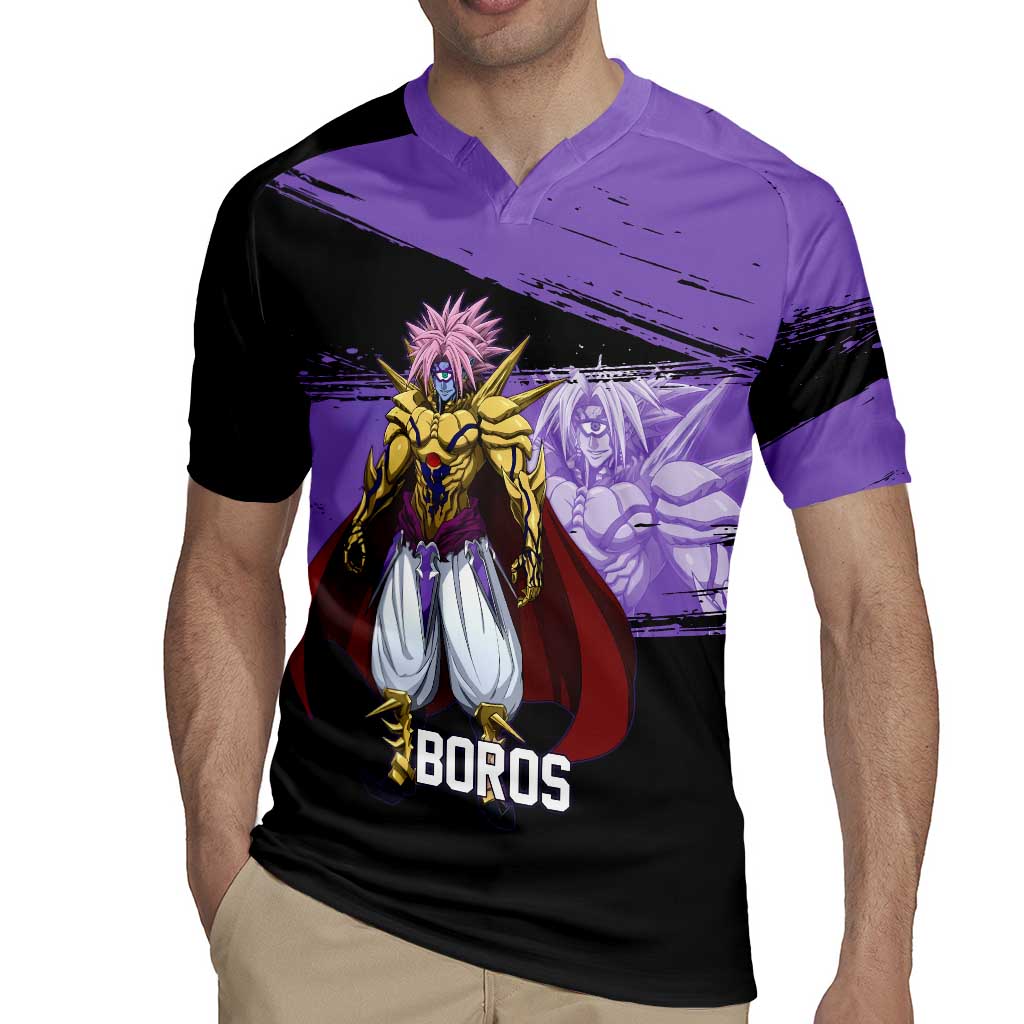 Boros One Punch Man Anime Purple and Black Theme Rugby Jersey with Galactic Overlord Design and Intense Battle Stance - The Mazicc