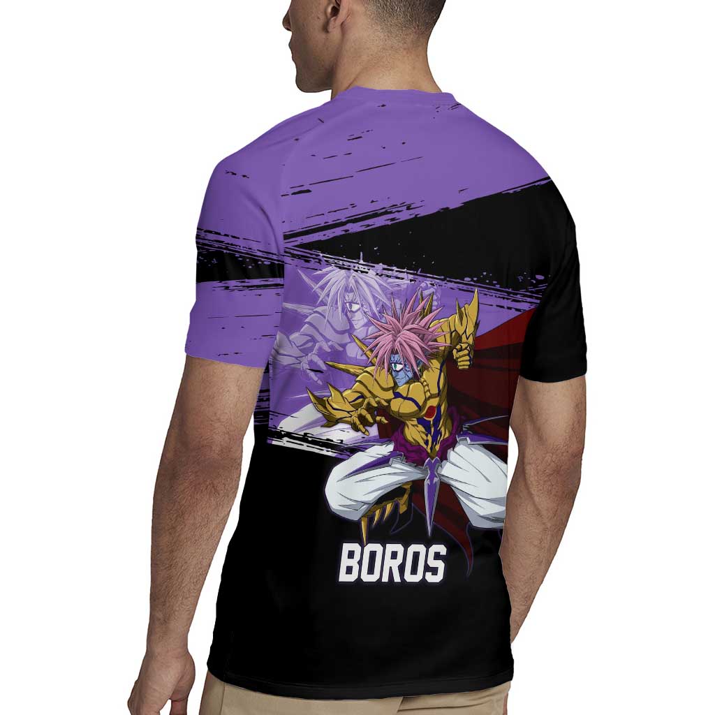 Boros One Punch Man Anime Purple and Black Theme Rugby Jersey with Galactic Overlord Design and Intense Battle Stance - The Mazicc