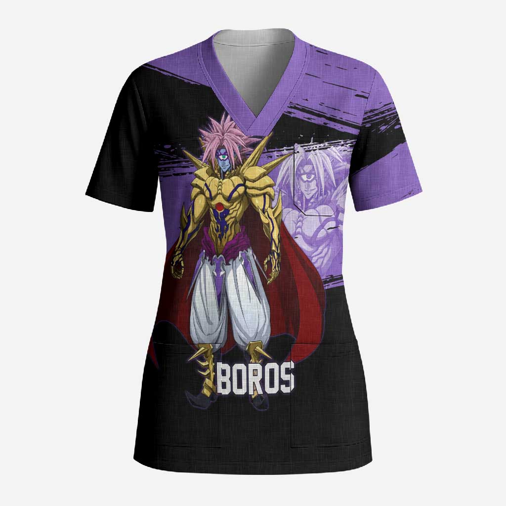 Boros One Punch Man Anime Purple and Black Theme Scrub Top with Galactic Overlord Design and Intense Battle Stance - The Mazicc