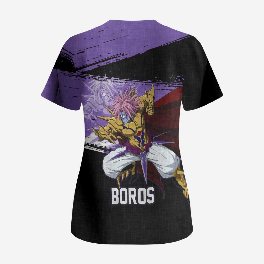 Boros One Punch Man Anime Purple and Black Theme Scrub Top with Galactic Overlord Design and Intense Battle Stance - The Mazicc