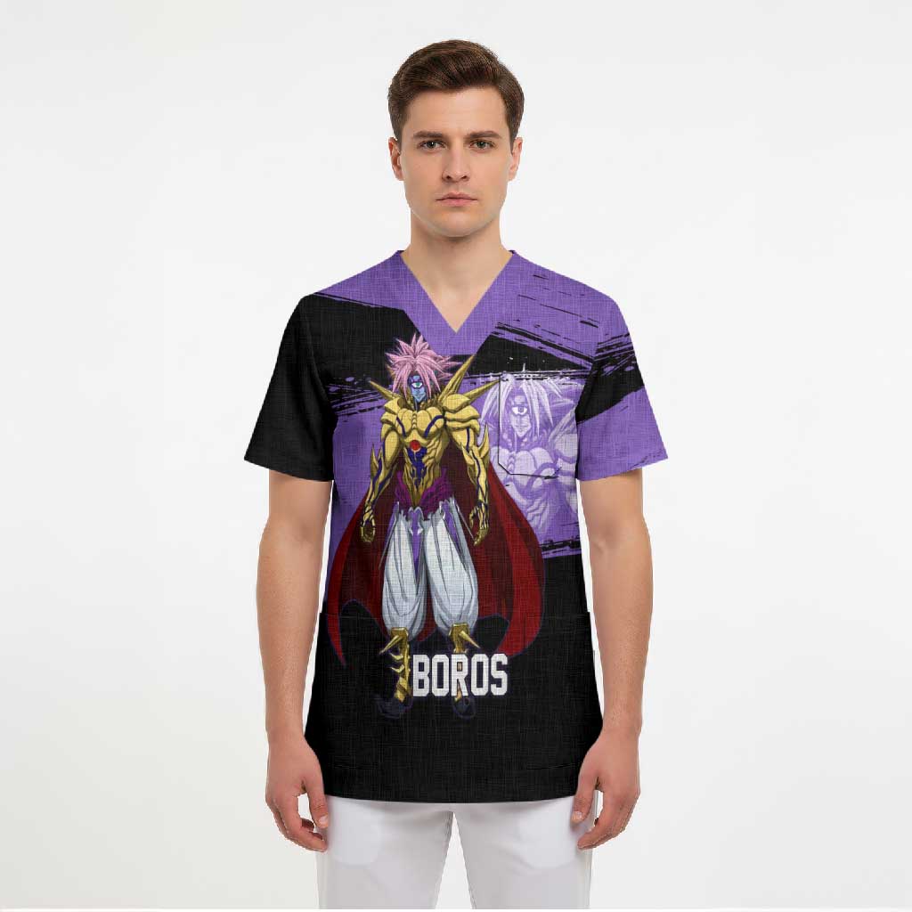 Boros One Punch Man Anime Purple and Black Theme Scrub Top with Galactic Overlord Design and Intense Battle Stance - The Mazicc