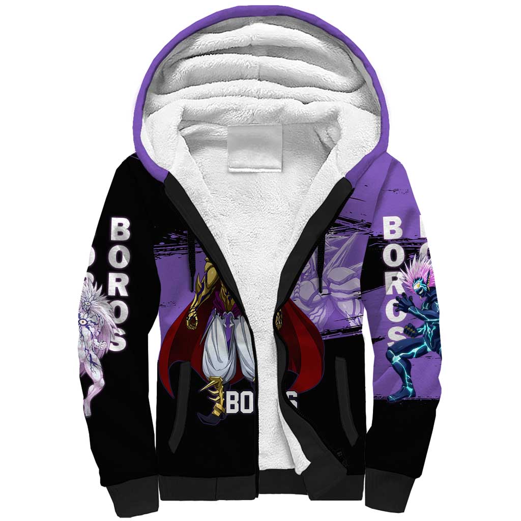 Boros One Punch Man Anime Purple and Black Theme Sherpa Hoodie with Galactic Overlord Design and Intense Battle Stance - The Mazicc