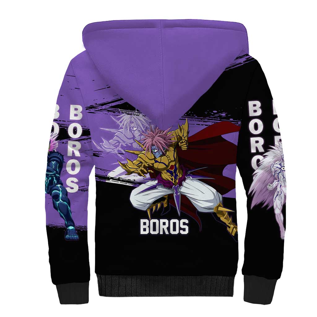 Boros One Punch Man Anime Purple and Black Theme Sherpa Hoodie with Galactic Overlord Design and Intense Battle Stance - The Mazicc