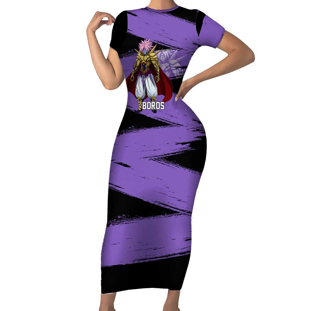 Boros One Punch Man Anime Purple and Black Theme Short Sleeve Bodycon Dress with Galactic Overlord Design and Intense Battle Stance - The Mazicc