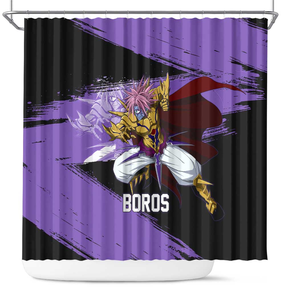 Boros One Punch Man Anime Purple and Black Theme Shower Curtain with Galactic Overlord Design and Intense Battle Stance - The Mazicc