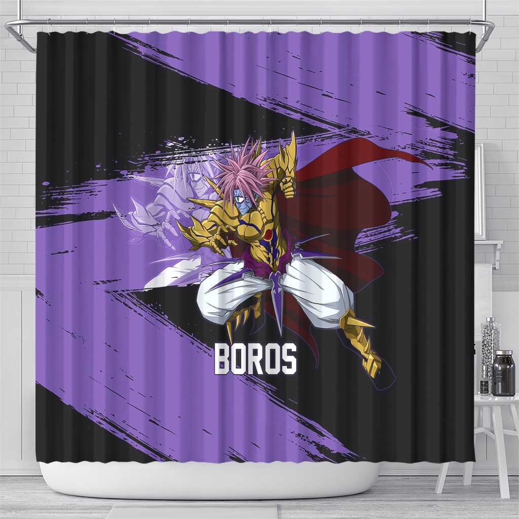 Boros One Punch Man Anime Purple and Black Theme Shower Curtain with Galactic Overlord Design and Intense Battle Stance - The Mazicc