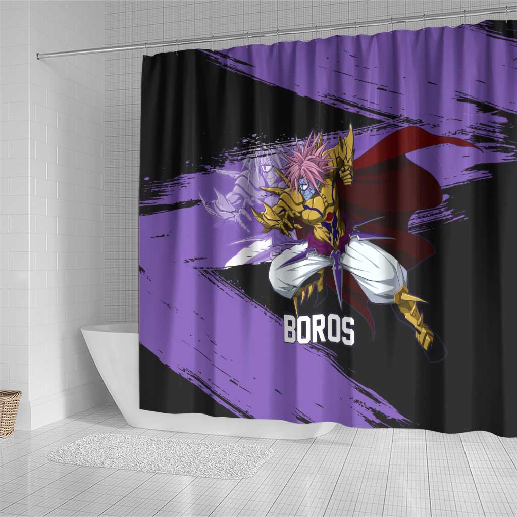 Boros One Punch Man Anime Purple and Black Theme Shower Curtain with Galactic Overlord Design and Intense Battle Stance - The Mazicc