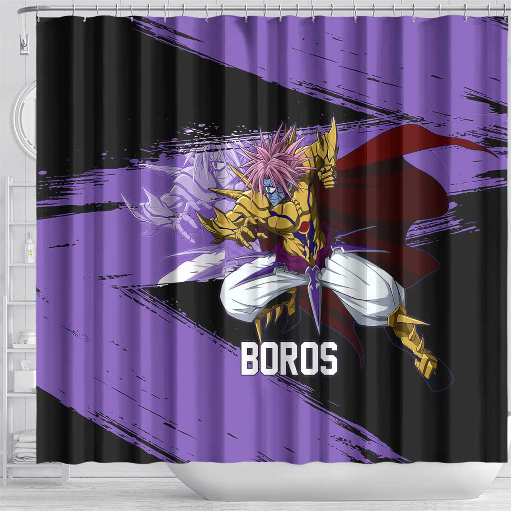 Boros One Punch Man Anime Purple and Black Theme Shower Curtain with Galactic Overlord Design and Intense Battle Stance - The Mazicc