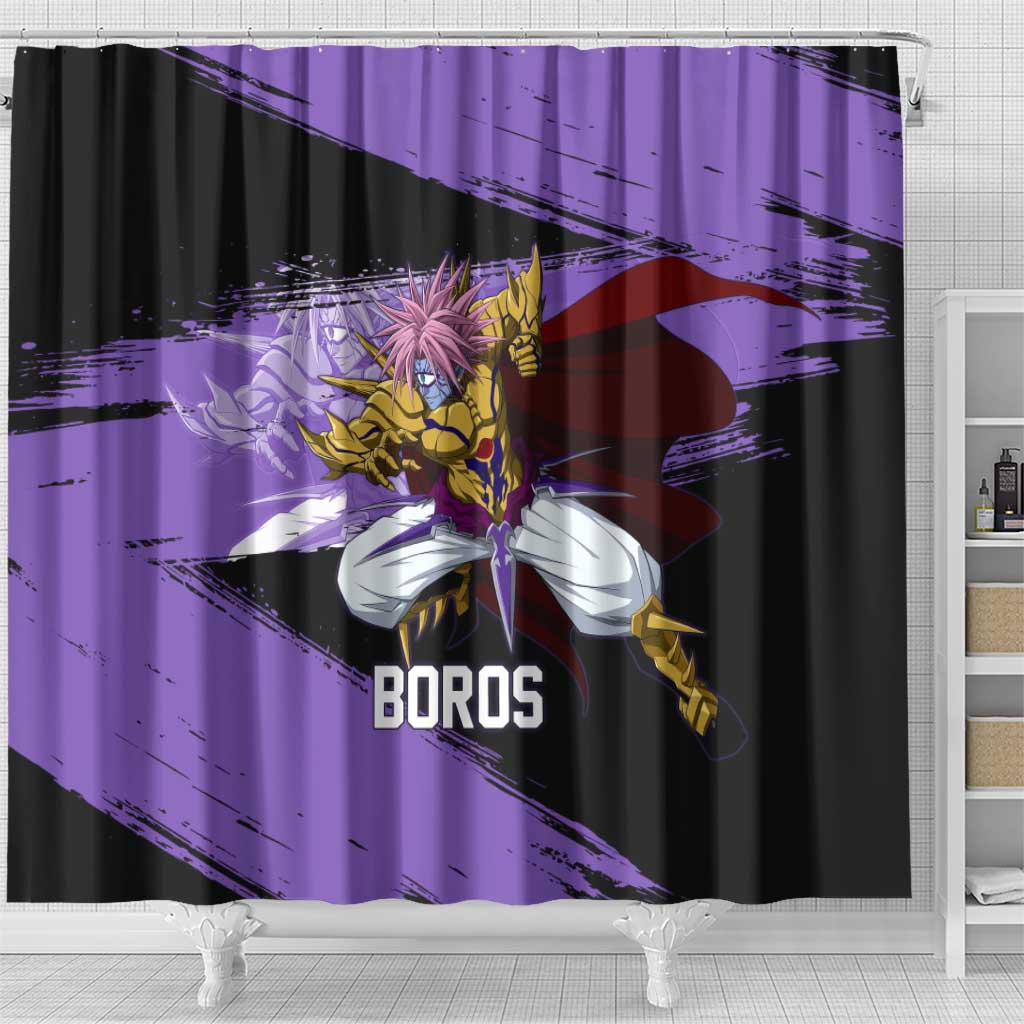 Boros One Punch Man Anime Purple and Black Theme Shower Curtain with Galactic Overlord Design and Intense Battle Stance - The Mazicc