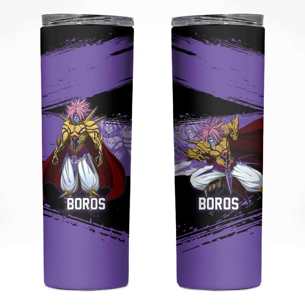 Boros One Punch Man Anime Purple and Black Theme Skinny Tumbler with Galactic Overlord Design and Intense Battle Stance - The Mazicc