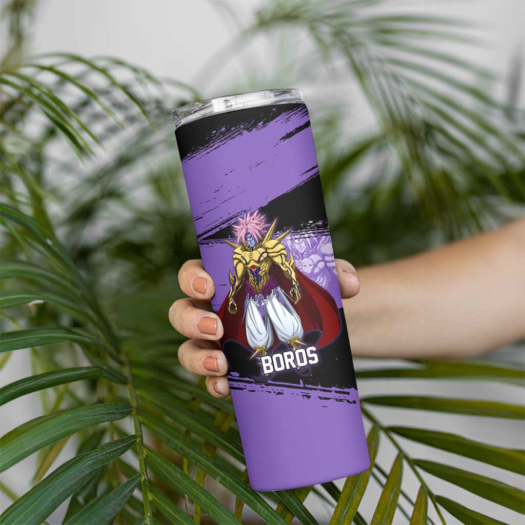 Boros One Punch Man Anime Purple and Black Theme Skinny Tumbler with Galactic Overlord Design and Intense Battle Stance - The Mazicc