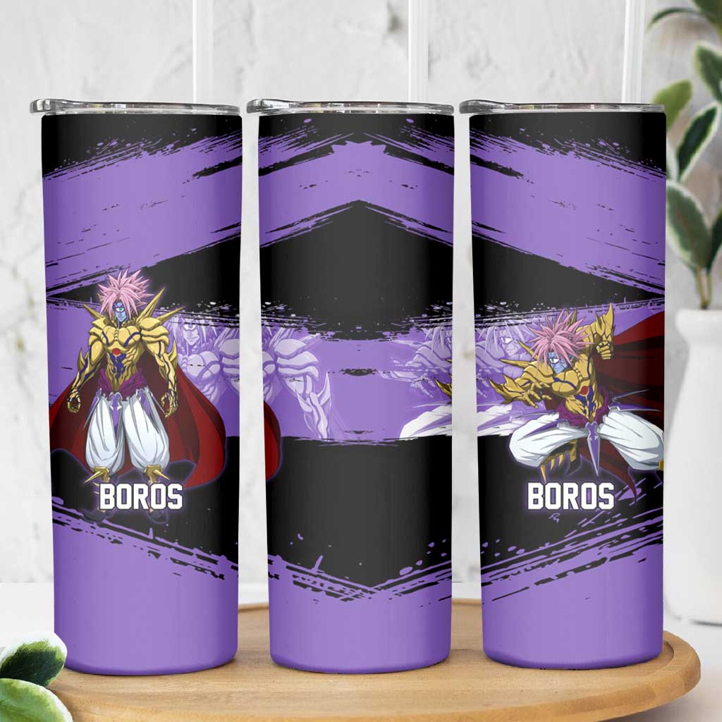 Boros One Punch Man Anime Purple and Black Theme Skinny Tumbler with Galactic Overlord Design and Intense Battle Stance - The Mazicc
