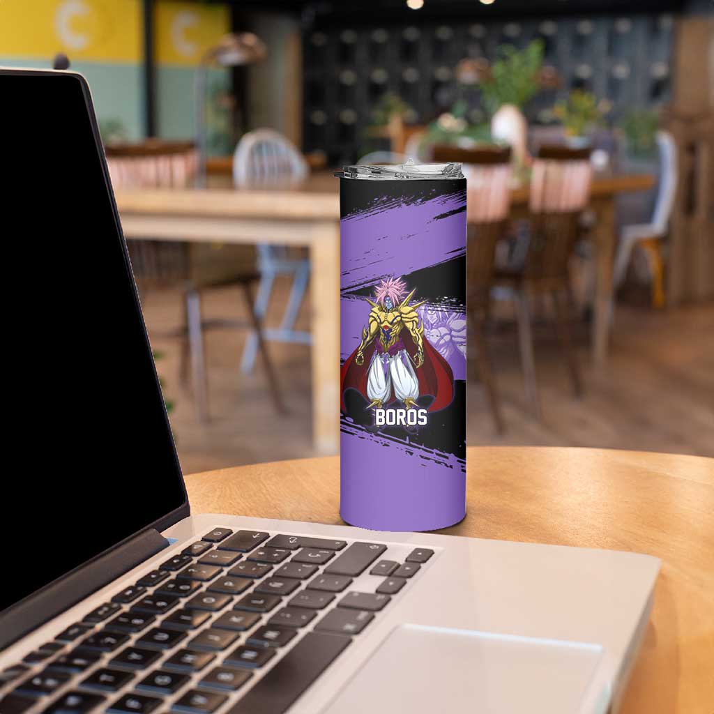 Boros One Punch Man Anime Purple and Black Theme Skinny Tumbler with Galactic Overlord Design and Intense Battle Stance - The Mazicc