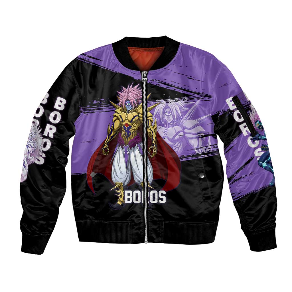 Boros One Punch Man Anime Purple and Black Theme Sleeve Zip Bomber Jacket with Galactic Overlord Design and Intense Battle Stance - The Mazicc