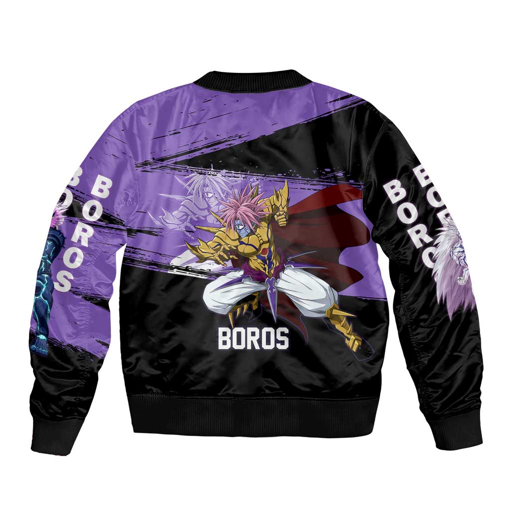 Boros One Punch Man Anime Purple and Black Theme Sleeve Zip Bomber Jacket with Galactic Overlord Design and Intense Battle Stance - The Mazicc