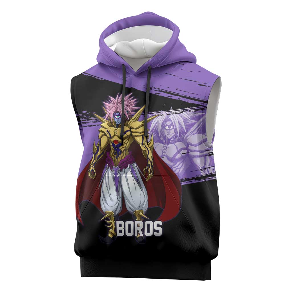 Boros One Punch Man Anime Purple and Black Theme Sleeveless Hoodie with Galactic Overlord Design and Intense Battle Stance - The Mazicc
