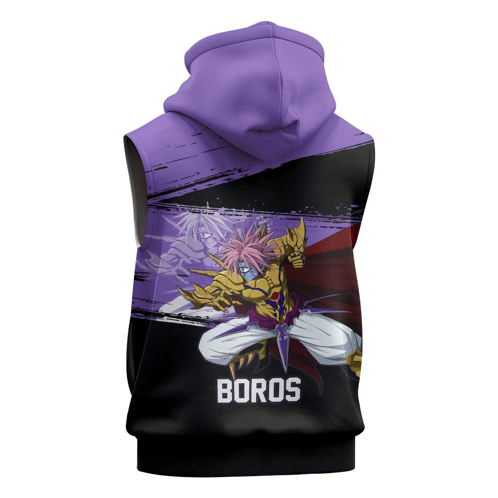 Boros One Punch Man Anime Purple and Black Theme Sleeveless Hoodie with Galactic Overlord Design and Intense Battle Stance - The Mazicc