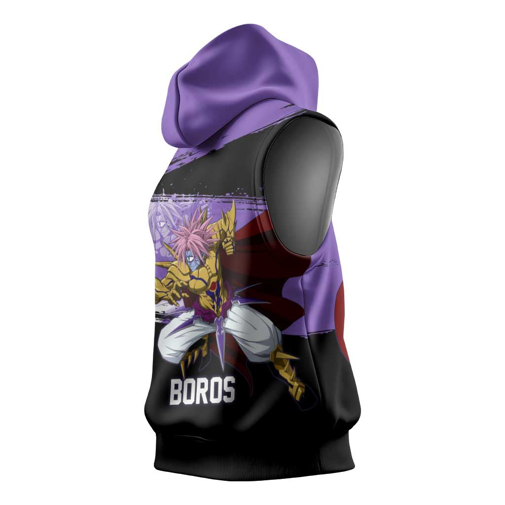 Boros One Punch Man Anime Purple and Black Theme Sleeveless Hoodie with Galactic Overlord Design and Intense Battle Stance - The Mazicc