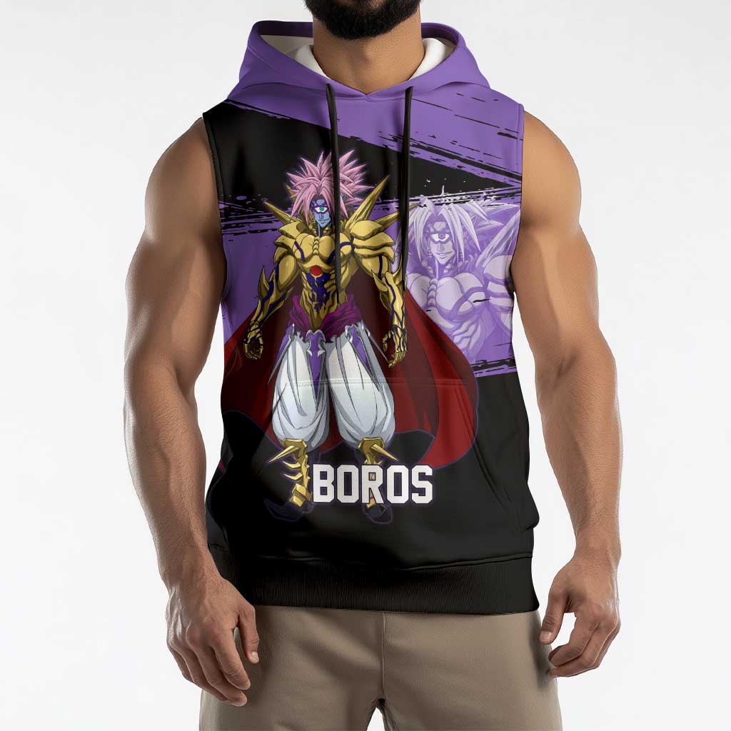 Boros One Punch Man Anime Purple and Black Theme Sleeveless Hoodie with Galactic Overlord Design and Intense Battle Stance - The Mazicc
