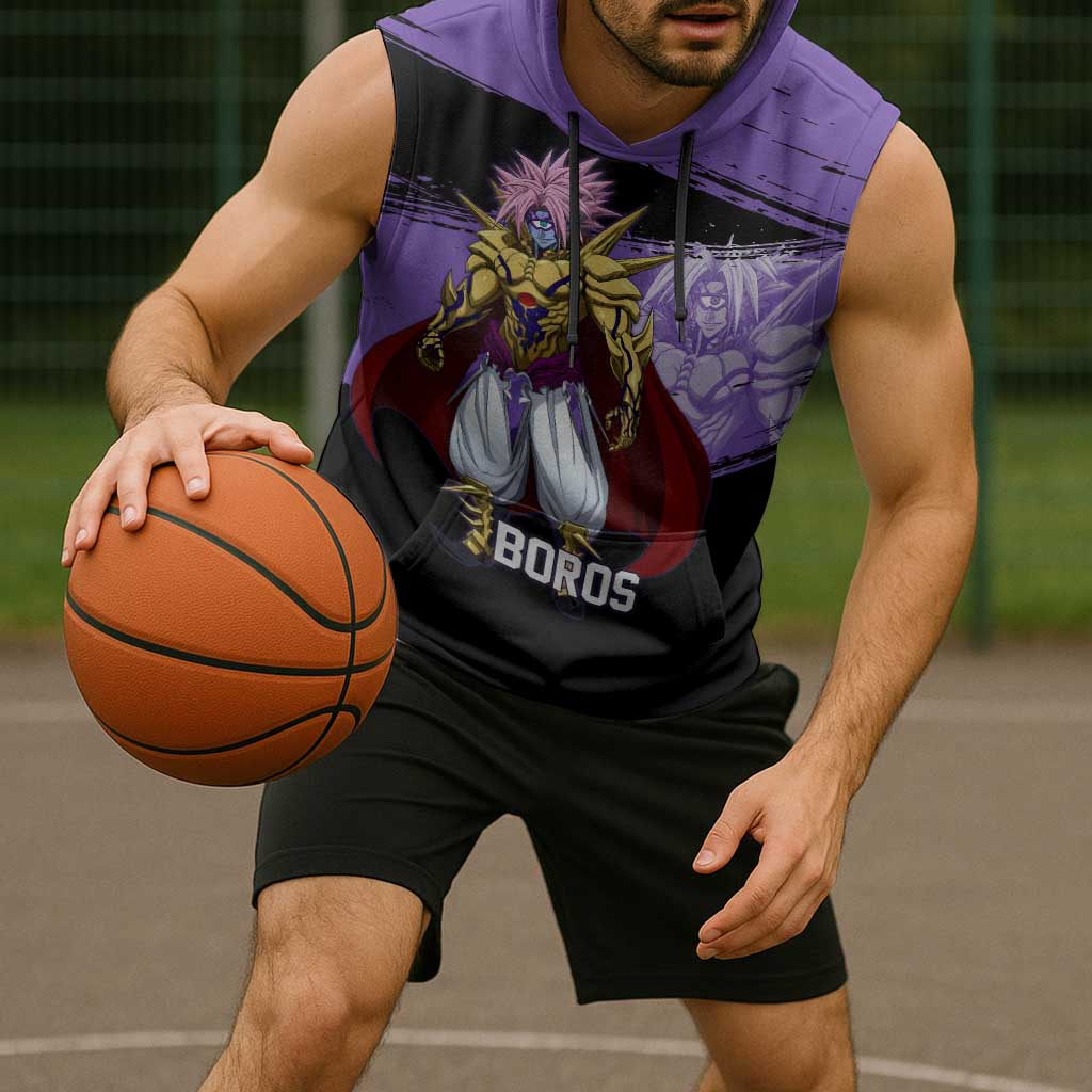 Boros One Punch Man Anime Purple and Black Theme Sleeveless Hoodie with Galactic Overlord Design and Intense Battle Stance - The Mazicc