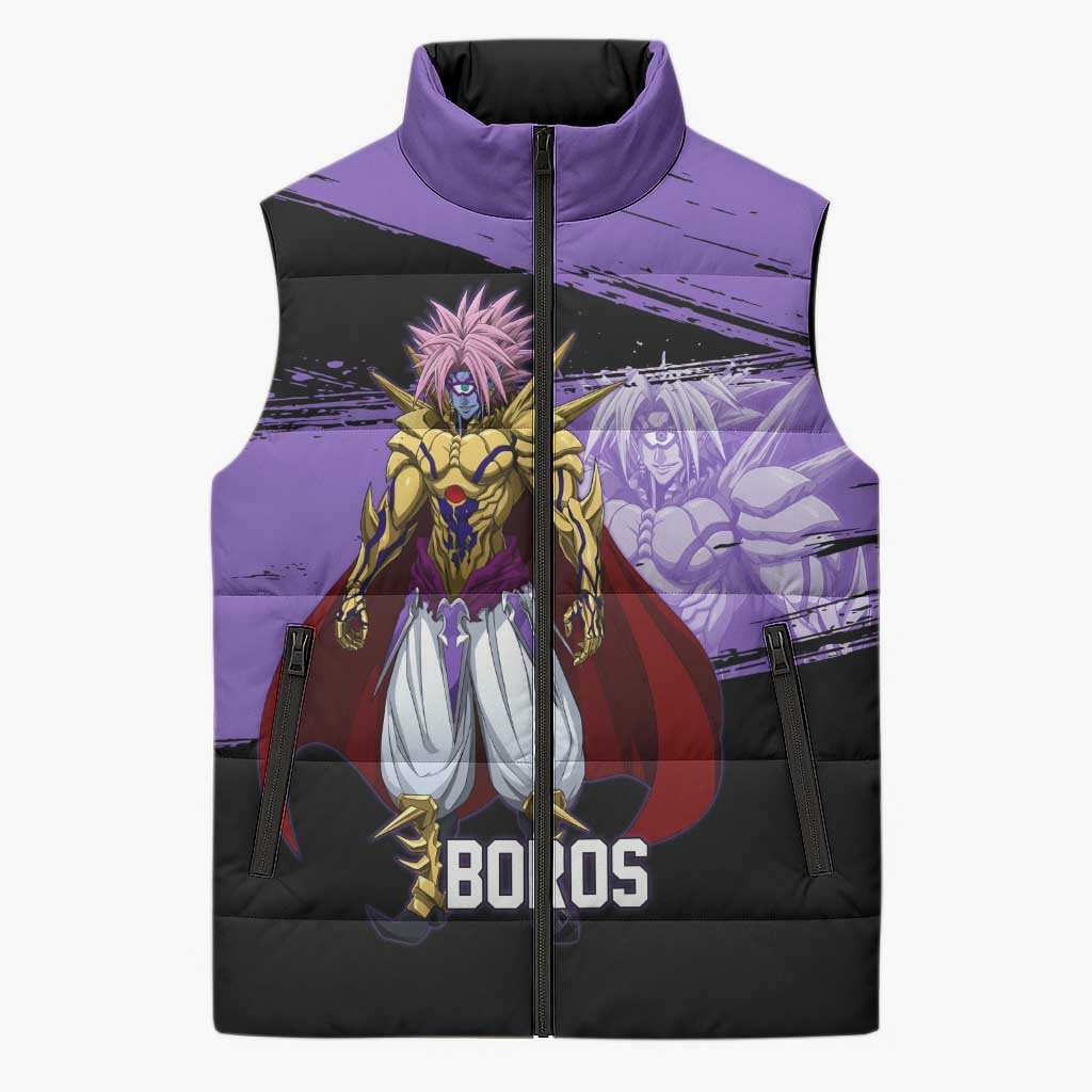 Boros One Punch Man Anime Purple and Black Theme Sleeveless Puffer Jacket with Galactic Overlord Design and Intense Battle Stance - The Mazicc