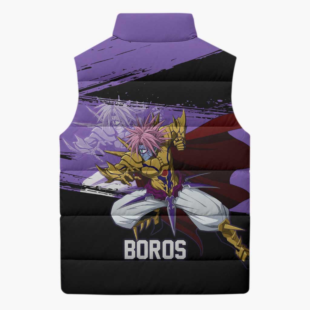 Boros One Punch Man Anime Purple and Black Theme Sleeveless Puffer Jacket with Galactic Overlord Design and Intense Battle Stance - The Mazicc