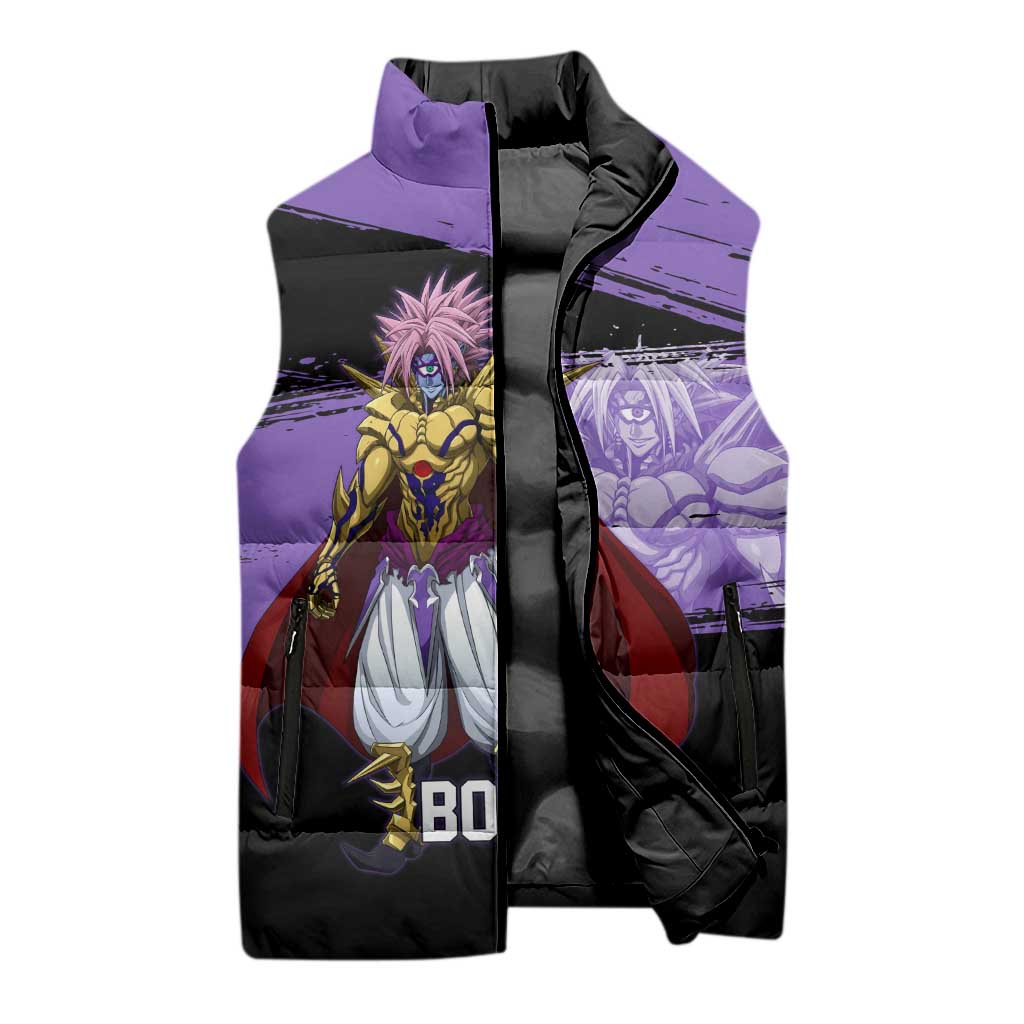 Boros One Punch Man Anime Purple and Black Theme Sleeveless Puffer Jacket with Galactic Overlord Design and Intense Battle Stance - The Mazicc
