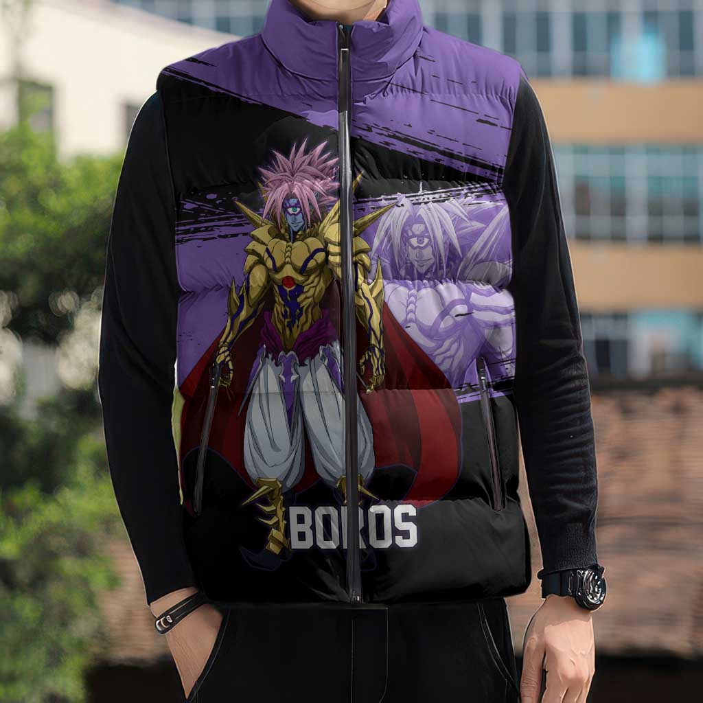 Boros One Punch Man Anime Purple and Black Theme Sleeveless Puffer Jacket with Galactic Overlord Design and Intense Battle Stance - The Mazicc
