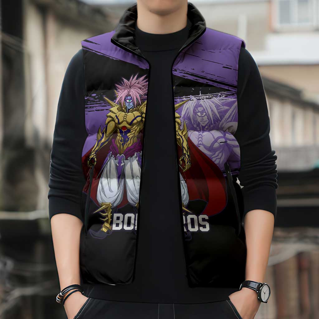 Boros One Punch Man Anime Purple and Black Theme Sleeveless Puffer Jacket with Galactic Overlord Design and Intense Battle Stance - The Mazicc
