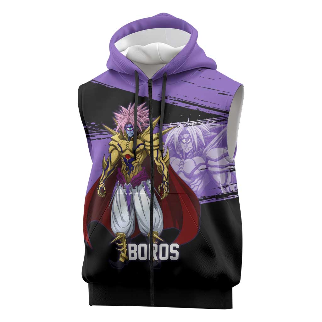 Boros One Punch Man Anime Purple and Black Theme Sleeveless Zip Hoodie with Galactic Overlord Design and Intense Battle Stance - The Mazicc