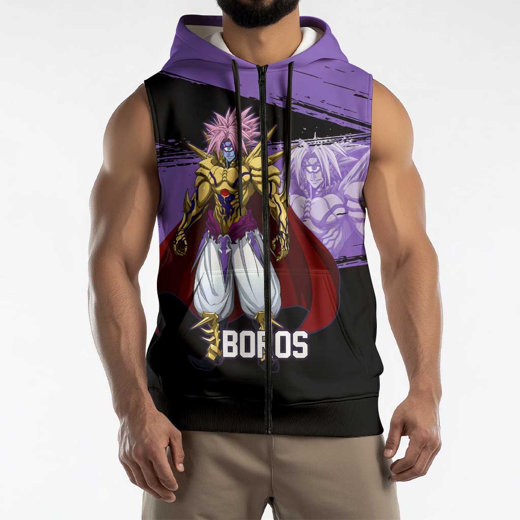 Boros One Punch Man Anime Purple and Black Theme Sleeveless Zip Hoodie with Galactic Overlord Design and Intense Battle Stance - The Mazicc