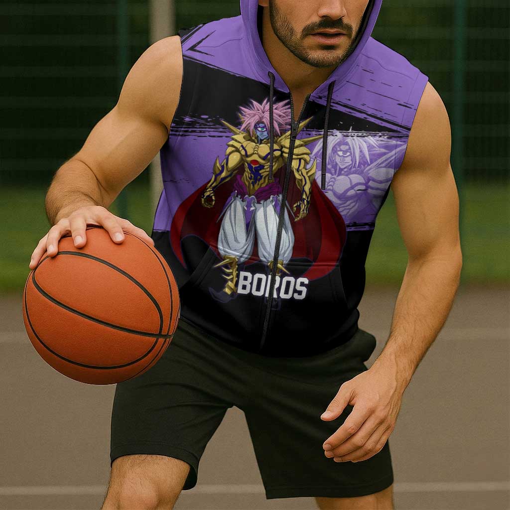 Boros One Punch Man Anime Purple and Black Theme Sleeveless Zip Hoodie with Galactic Overlord Design and Intense Battle Stance - The Mazicc