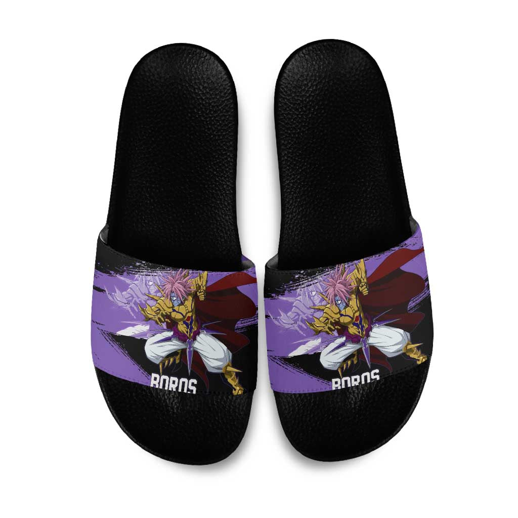 Boros One Punch Man Anime Purple and Black Theme Slide Sandals with Galactic Overlord Design and Intense Battle Stance - The Mazicc