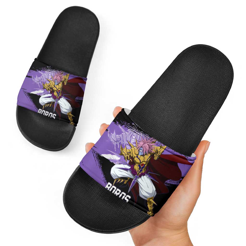 Boros One Punch Man Anime Purple and Black Theme Slide Sandals with Galactic Overlord Design and Intense Battle Stance - The Mazicc