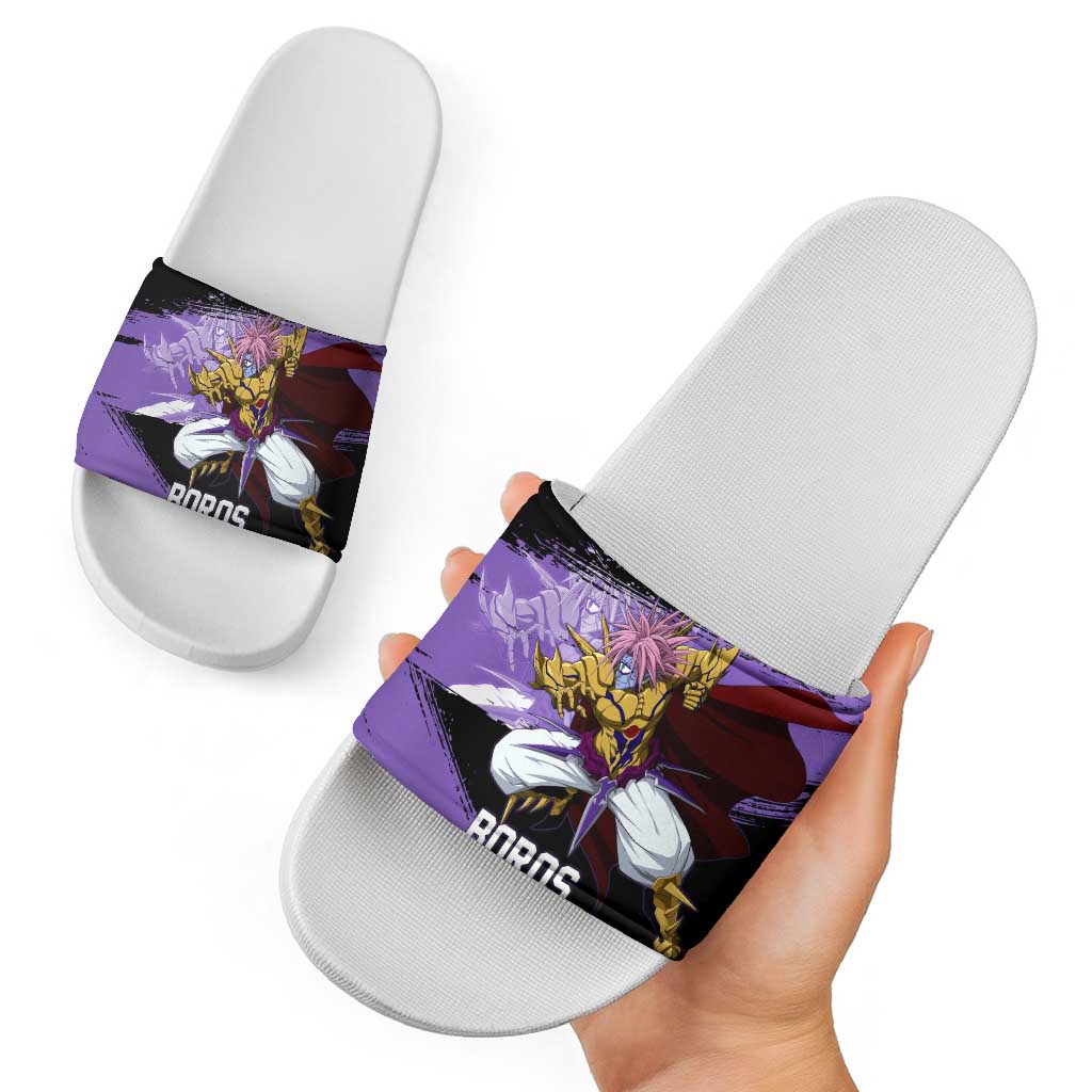 Boros One Punch Man Anime Purple and Black Theme Slide Sandals with Galactic Overlord Design and Intense Battle Stance - The Mazicc