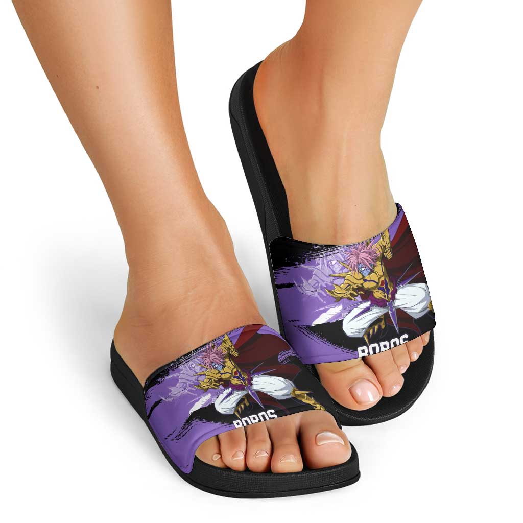 Boros One Punch Man Anime Purple and Black Theme Slide Sandals with Galactic Overlord Design and Intense Battle Stance - The Mazicc