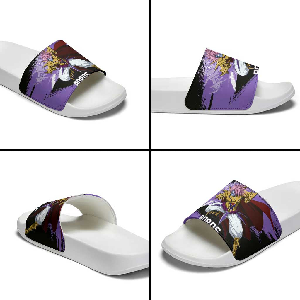 Boros One Punch Man Anime Purple and Black Theme Slide Sandals with Galactic Overlord Design and Intense Battle Stance - The Mazicc