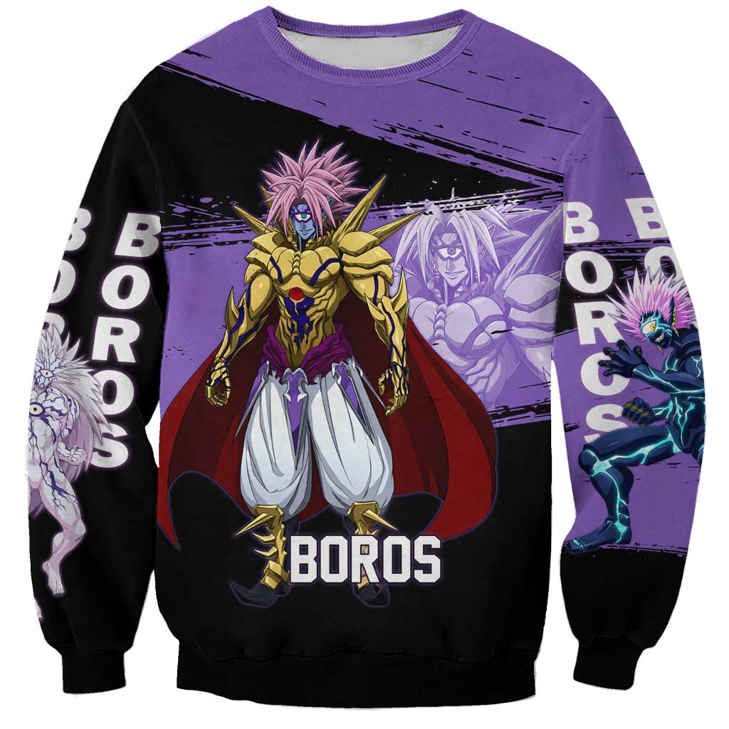 Boros One Punch Man Anime Purple and Black Theme Sweatshirt with Galactic Overlord Design and Intense Battle Stance - The Mazicc