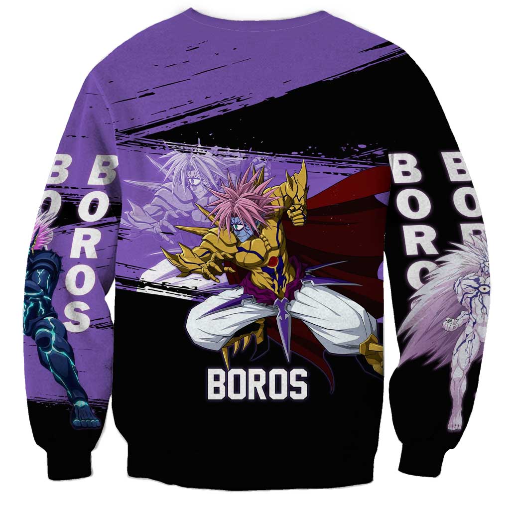 Boros One Punch Man Anime Purple and Black Theme Sweatshirt with Galactic Overlord Design and Intense Battle Stance - The Mazicc